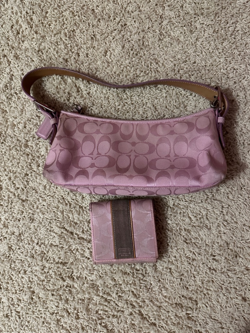Coach Pink Signature Jacquard Shoulder Bag with Matching Wallet